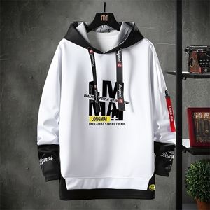 Contrast Color Streetwear Hoodian Men Tops Black White Flatshirt Hip Hop Cool Patchwork Pullover 3/4 рукав 220406