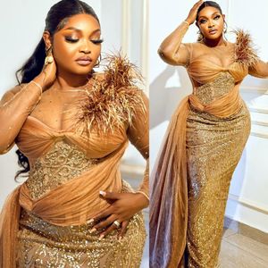 2022 Plus Size Arabic Aso Ebi Gold Luxurious Sparkly Prom Dresses Sequined Lace Evening Formal Party Second Reception Birthday Engagement Gowns Dress ZJ560