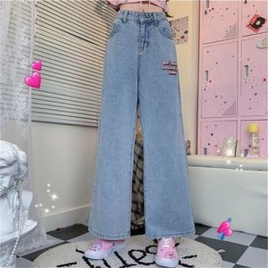 Japanska vårkvinnor jeans cowboy wide ben demin byxor älskar broderi lösa vilda vintage raka ben byxor student streetwear 210302