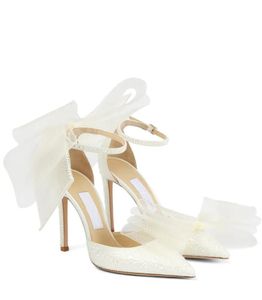 Domande abiti da sposa Sandali bianchi Pompe da sposa Scarpe di design di lusso a media 100 mm Pompe satinate in avorio con cristalli e fiocchi 35-43 scatola