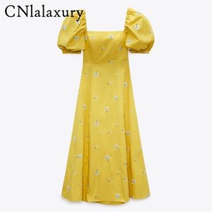 Cnlalaxury Vintage Элегантная желтая вышиваемая вечеринка Aline Maxi платье для женщин квадратное воротнич