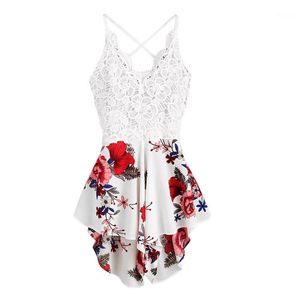 Kvinnors jumpsuits Rompers Jumpsuit Crochet Lace Panel Bow Tie Back Florals Ladies Summer Short For Women With Ruffles V-Neck CasualC0415