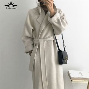 Leiouna Vintage Solid Long Sleeve Casual Belt 2020 New Fashion Long Autumn Faux Wool Blend Woolen Coat Winter Warm Women Clothes LJ201106