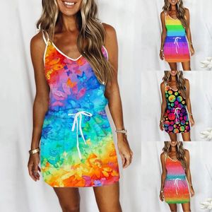 Gonne Abiti stampati sexy Abito estivo da donna maxi spiaggia 2022 Moda casual scollo a V senza maniche con cinturino aperto sul retro per le donne Gonne