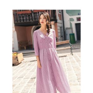 Casual Dresses Causal One Piece Three Quater Sleeve Spring Autumn Temperament V-Neck nippad midja Dot A-Line Elegant Fairy Cotton Dresscasua