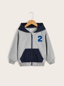 Toddler Boys Number Patch Detail Two Tone Zip Up Hoodie SHE