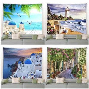 Tapestry Palm Leaves Beach Landscape Tapestry Blue White Building Island Bird F