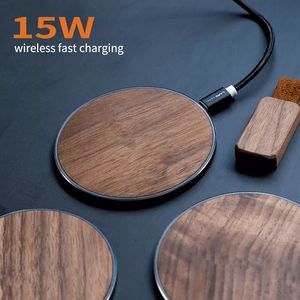 New Round Wooden Wireless Charger 15W Fast Charge Walnut Maple Wood Craft Gift for Smart Cell Mobile Phone