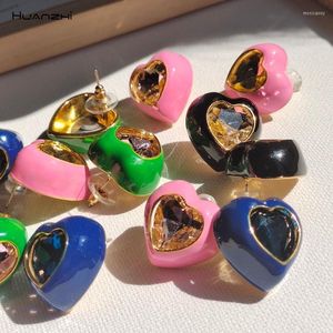 Estudo colorido de zircão colorido de zircão de cristal gotejamento de gotejamento amoroso brincos de coração multicolor para mulheres joias de festa huanzhi 2022 moni22