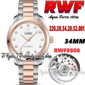 RWF Aqua Terra 150m A8800 Automatyczna kobieta Watch 220.20.34.20.52.001 34 mm biała tarcza Rose Gold Bezel Dwucie stal nierdzewna Bransoletka Super Edition Etenity Watches