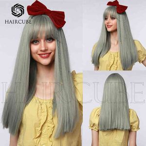 Parrucche da donna in stile verde legno lino grigio capelli lisci con frangia adorabile moda 220527