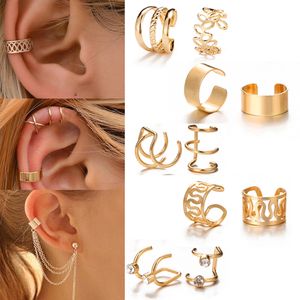 14K Gold Leaves Ear Cuff Black Non-Piercing Ear Clip Earrings for Women Men Fake Cartilage Trend Jewelry Simple Criss Cross Double Lines Adjustable