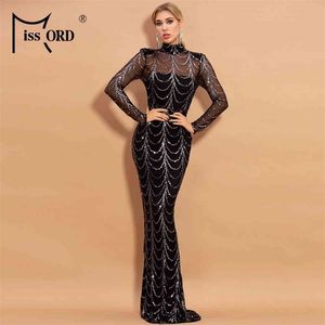 Missord 2021 Autumn Winter High Neck Wave Sequins See Though Women Maxi Dresses Elegant Long Sleeve Female Party Dresses M0032 210322