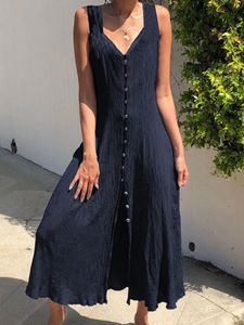Casual Dresses Chic Women v Neck Office Lady Long Dress Spring Single Breasted Button Slit Party Summer Sleeveless Solid Strap Boho Dresscas