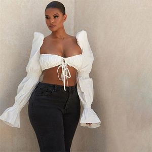 Women Blouse Female Shirred White Puff Sleeve Tie Front Top Shirts Elegant Sexy Backless Crop Tops Fashion Blusas Clothing Women's Blouses &