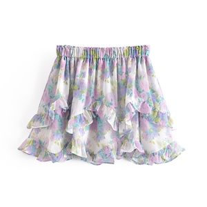 Yenkye Sweet Floral Print Ruffle Skirt Women Elastic High Waist Mini Jupe Femme Holiday Summer Boho Beachカジュアルファルダ220521