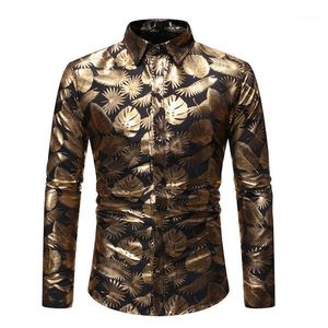 Mäns avslappnade skjortor Golden Luxury Design Dress 2022 Autumn Slim Fit Button Down Flowered Printed Stylish Party Club Shirt