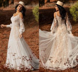 Champagne lining Bohemian Boho Wedding Dress with Back Buttons Long Puff Sleeve Lace Appliques V Neck Spaghetti Straps 2022