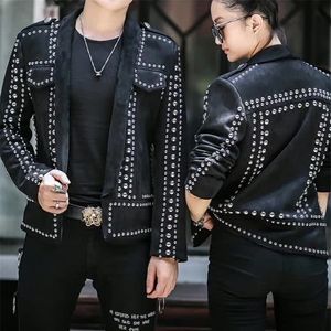 Terno Masculino Chaqueta de Cuero Moto Rivet Decoration Punk Stage Jacket