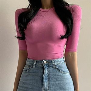 여름 단단한 얇은 셔츠 ops 짧은 소매 마른 체형의 기본 셔츠 여성 한국 의류 코튼 ee femme 핑크 220402