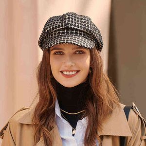 여자 패션 베레트 가을 겨울 솔리드 펠트 베레트 모자 소녀 격자 무늬 빈티지 모자 모자 Mujer 팔각형 모자 숙녀 Boina Caps J220722