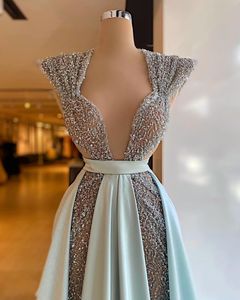 Glitter Deep V Neck Prom Dresses Sequined Evening Dress Custom Made Sleeveless Sweep Train Women Party Gown