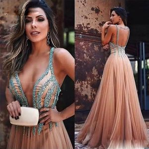 custom new beading sexy v neck backless prom party gowns see through gold tulle elegant pageant formal beaads prom dresses plus size