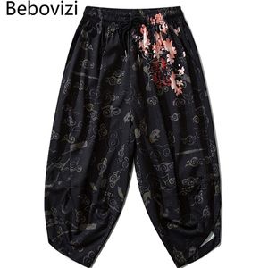 Bebovizi fino japonês quimono calças mulheres homens samurai preto harem calças soltas cintura elástica estilo chinês cosplay calças 220726