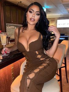 Simenual Ribbed Cut Out Split V Neck Corset Dress Strap Skinny MIdnight Clubwear Birthday Outfit For Women Party Dresses Summer 220521