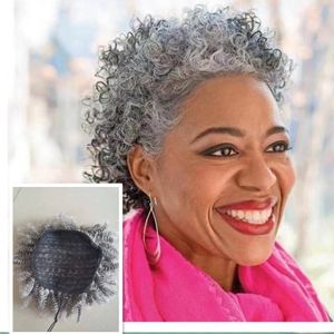 Fashion Women gray hair topper extension silver grey afro puff kinky curly drawstring human hair ponytails clip in real brazilian 1piece