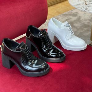 new pattern Stout heel Lace up casual Shoes women wedding party Pumps quality leather 80MM flat Shoe Luxury Designer Dress shoes With Original Box