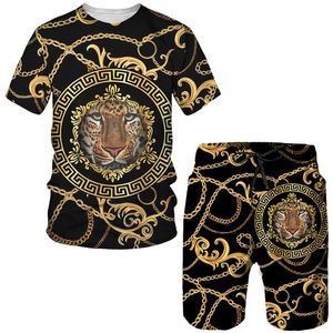 Summer Lion Golden Impred Tampe Shorts Suit Men S Casual Graphic O Pescoço Calças Definir Hip Hip Hop Male Curto Tracksuit 220621
