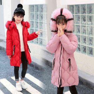 New Fashion Children's Clothing Winter Warm Large Fur Jacket For Girls 5-13 Year Thick Hoodie Cotton Padded Long Solid Coat J220718