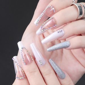 False Nails 24pcs Rhinestone Girls Sweet Style Long Press On Wearable Finished Nail Piece With Jelly Gel Accessories Prud22
