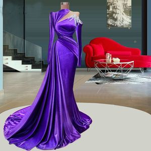 Purple Long Sleeve Elegant Mermaid Prom Evening Dresses 2022 Appliques Pleats Women Formal Party Pageant Gowns Custom Made