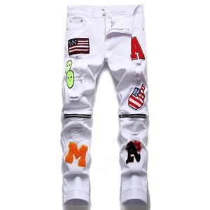 Elastisk knädragare hål Herrens rippade magra jeans Vit Slim Fit broderade denim Pants Biker Casual Trousers Streetwear