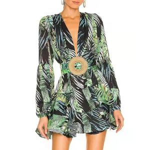 Casual Dresses Vintage Print Trumpet Sleeve Boho Beach Dress For Women V-Neck Party Lady Loose Green Forest A-Line VestidosCasual