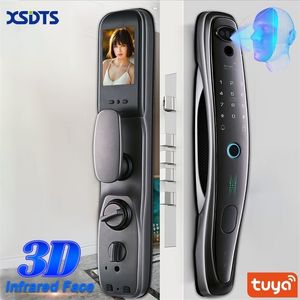 Tuya Smart 3D Dörrlås Säkerhet Ansiktskamera Monitor Intelligent Fingeravtryck Lösenord Biometrisk elektronisk nyckelupplåsning 220704