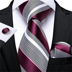 Bow Ties Fashion Striped Tie For Men Red Wine White Silk Wedding Hanky Cufflink Gift Set DiBanGu Novelty Design Business MJ-7337Bow