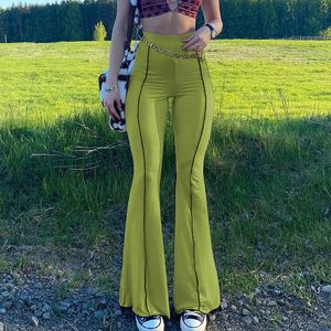 Green Striped Edge Flare Pants For Women Fashion Casual Sweatpant Skinny High Waist Trouser Female Capris Streetwear