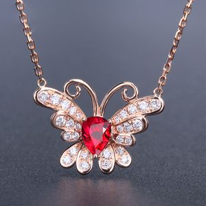 Cute Butterfly diamond Pendant red crystal zircon rose gold sweet necklace girl party jewelry girlfriend gift lady fashion Jewellery