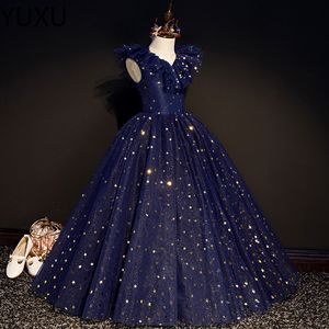 Blue Flower Girl Criandler para Wedding Tule 3D Floral Ruffle Dress Dress Dress Vestidos de Aniversário de Birthday Dression 403