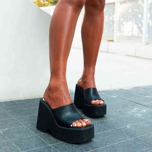 Sandaler Big Size Summer Black White Chunky Heeled Mules High Heels Leisure Trendy Platform Wedges Shoes for Women II2J