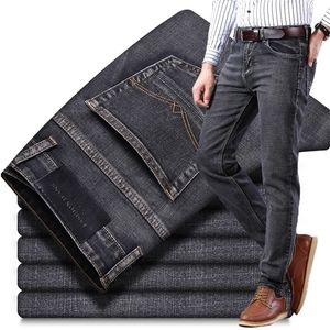 Klassisk stil mäns grå jeans affärsmode mjuk stretch denim byxor manliga märke passar byxor svartblå 210318