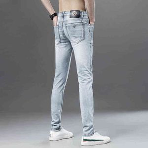 and Spring Summer Fashion Brand Light Blue Jeans Men's Elastic Slim Small Leg Straight Pants Thin