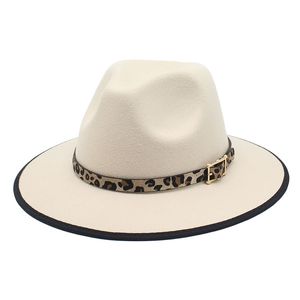 Patchwork Fedora Hat with Leopard Belt Women Men Felt Hats Woman Fedoras Man Jazz Top Hat Female Male Wide Brim Cap Fashion Autumn Winter Caps Party Christmas Gift 2022