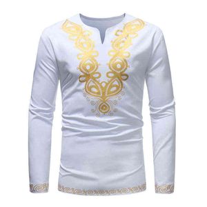 Vit afrikansk dashiki tryck t shirt män 2022 hösten ny streetwear casual afrikanska kläder smala passform långärmad camisa maskulina l220704