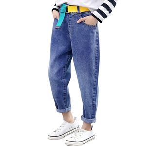Jeansy dżinsy paska dla dziewcząt wiosna jesień dżinsy dżinsy swobodne ubranie dla dzieci 6 8 10 12 14 LJ201127