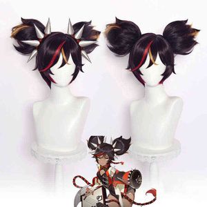 Genshin Impact Cosplay Xinyan 30cm peruk brązowy gradient peruka cosplay anime peruki odporne na ciepło syntetyczne peruki Halloween+ Wig Cap Y220512