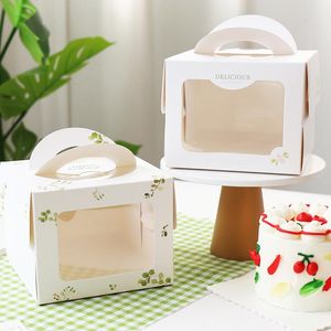 Gift Wrap 4 Inch 16cm Birthday Cake Box Portable Handle With Open Window Extra High Tall Pastry Bakery Dessert Packaging LeafGift